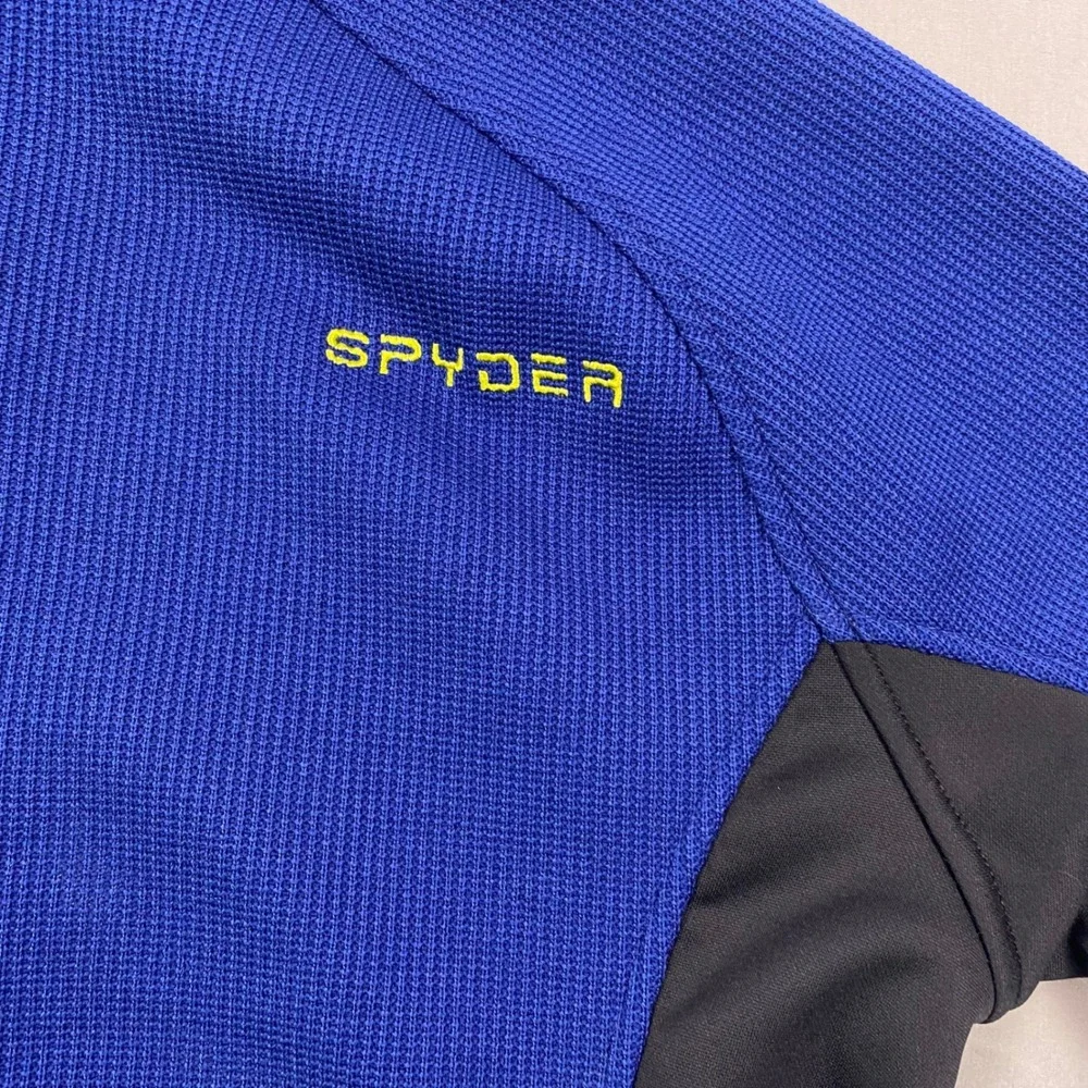 Spyder Waffle Knit 1/4 Zip Pullover Mens XL Blue Black Fleece Lined Ski Midlayer